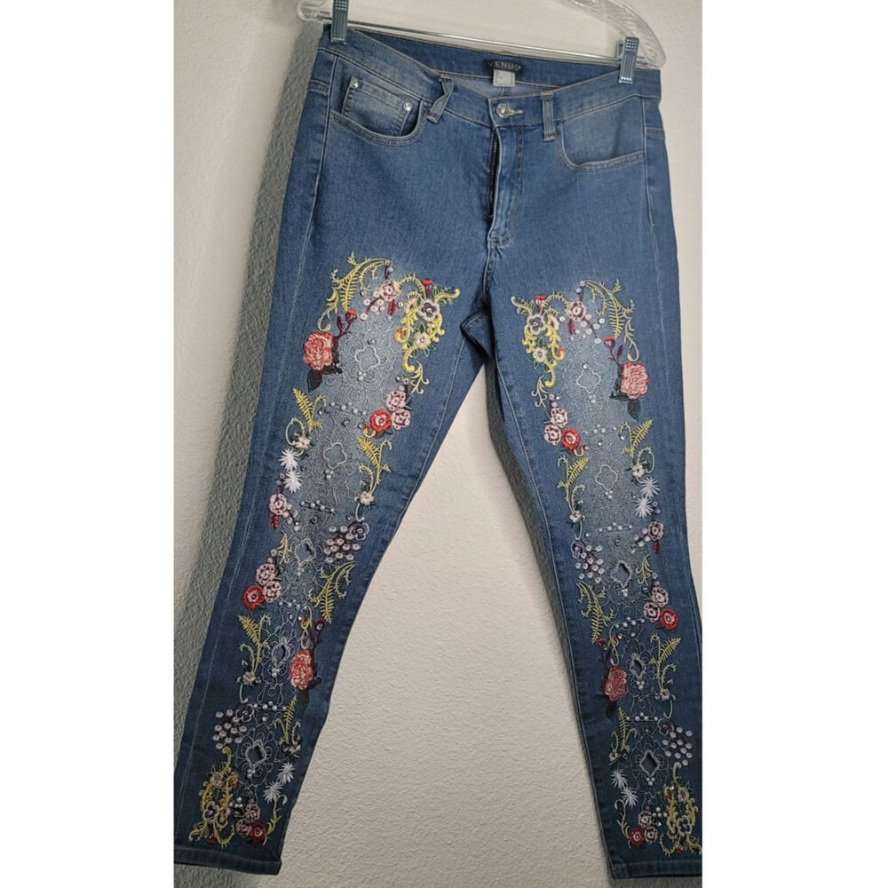 Venus Blue Medium Wash Denim Jeans Intricate Floral Embroidery Jewel Details 8